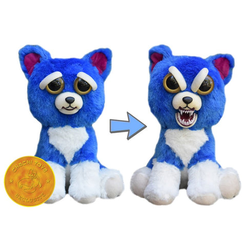 Feisty Pets by William Mark- Freddy Wreckingball™️- Adorable 8.5" Plush Stuffed Neon Blue Dog That Turns Feisty With a Squeeze!